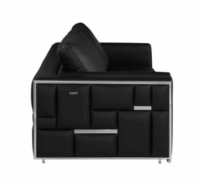 Divanitaly Campania Top Grain Black Leather & Silver Sofa Set