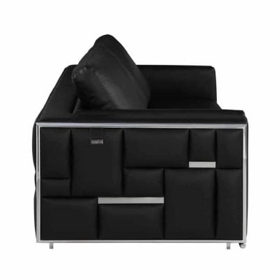Divanitaly Campania Top Grain Black Leather & Silver Sofa Set