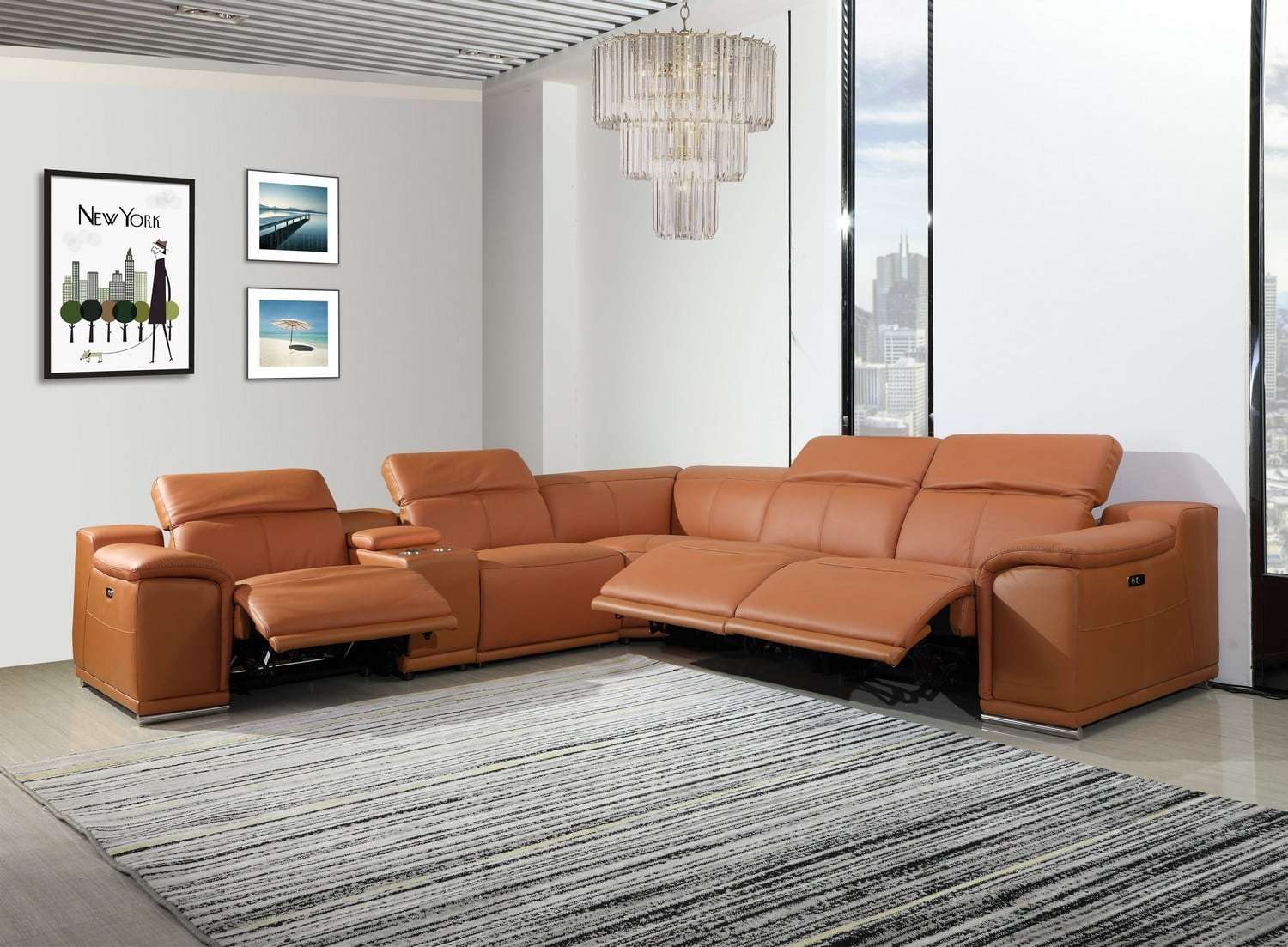 6 Pc Divantalia Livorno Modern Recliner Cognac Brown Italian Leather Sectional Sofa