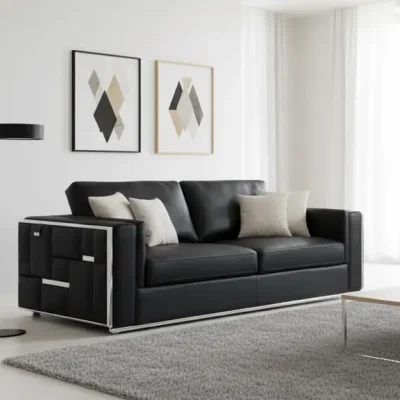 Divanitaly Campania Modern Black Leather Sofa