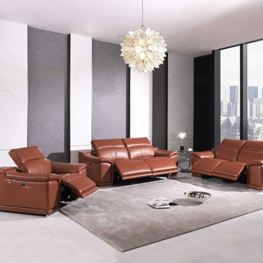 Divanitalia Savona Top Grain Cognac Leather Modern Reclining Sofa Set