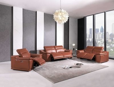 Divanitalia Savona Top Grain Cognac Leather Modern Reclining Sofa Set