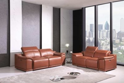 Divanitalia Savona Cognac Brown Leather Modern Reclining Sofa Set