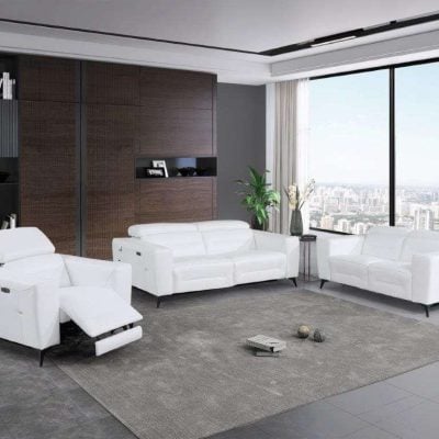 Divanitaly Raveli Modern White Italian Leather Reclining Sofa Set