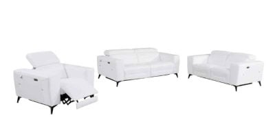Divanitaly Raveli Modern White Italian Leather Reclining Sofa Set
