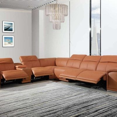 7 Pc Divantalia Livorno Modern Recliner Cognac Brown Italian Leather Sectional Sofa