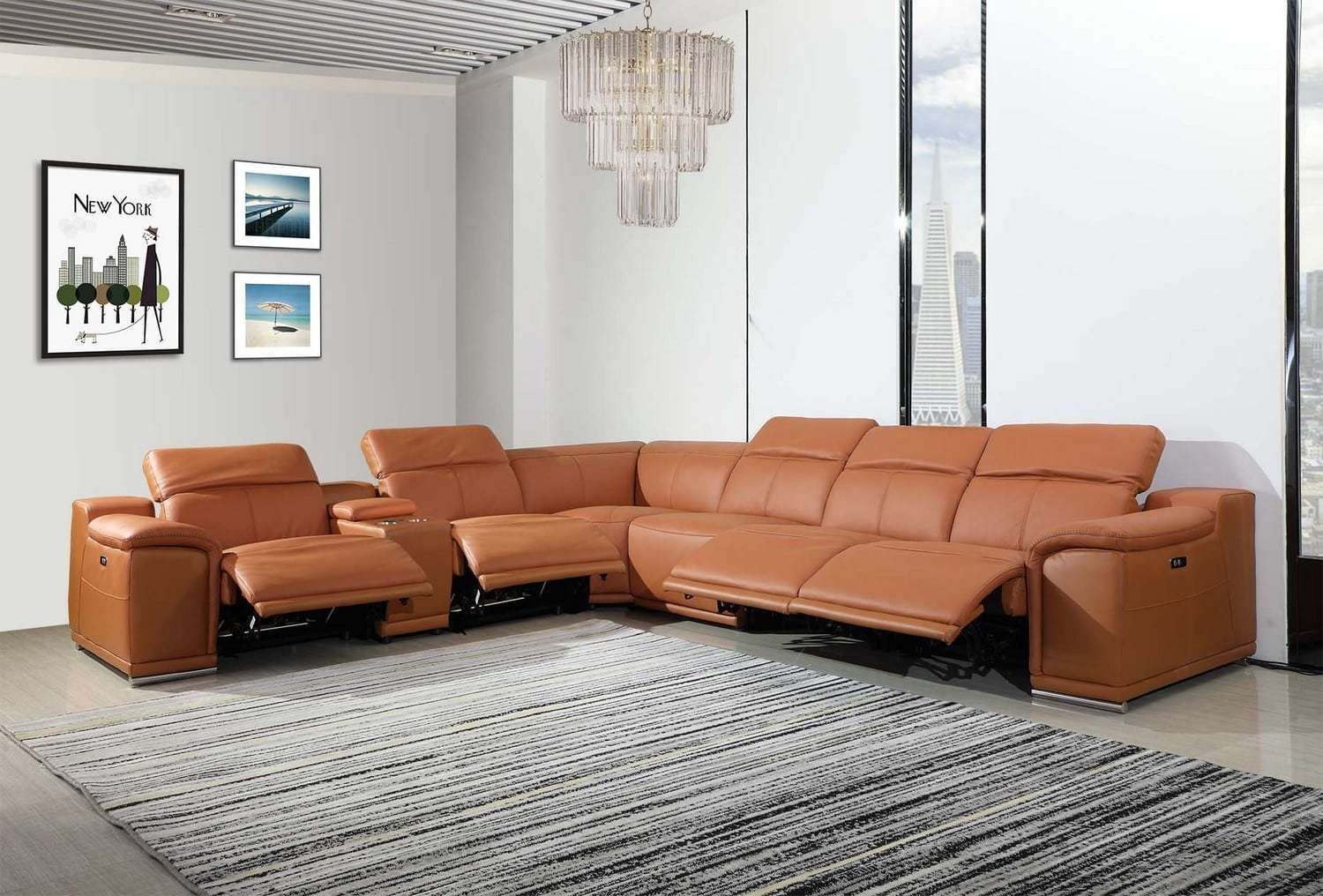 7 Pc Divantalia Livorno Modern Recliner Cognac Brown Italian Leather Sectional Sofa