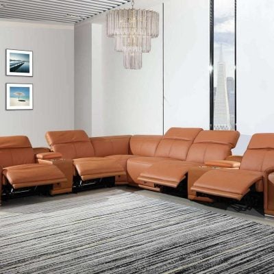 8 Pc Divantalia Livorno Modern Recliner Cognac Brown Italian Leather Sectional Sofa