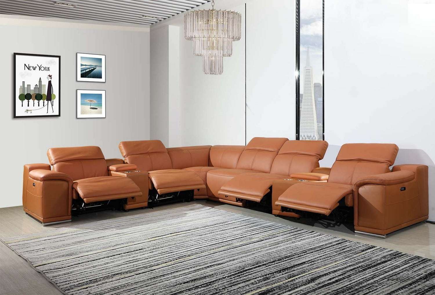 8 Pc Divantalia Livorno Modern Recliner Cognac Brown Italian Leather Sectional Sofa
