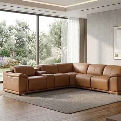 Divantalia Livorno Modern Recliner Cognac Brown Italian Leather Sectional Sofa
