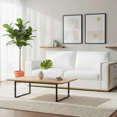 Divanitaly Tuscania Top Grain White Leather & Gold Sofa Set