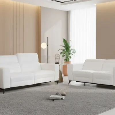 Divanitaly Raveli Modern White Italian Leather Reclining Sofa Set