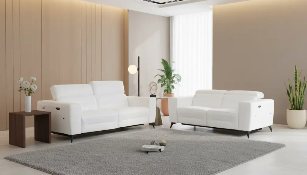 Divanitaly Raveli Modern White Italian Leather Reclining Sofa Set