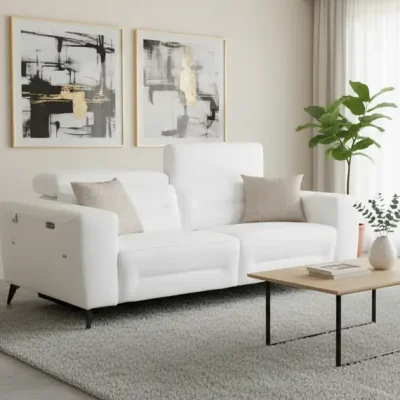 Divanitaly Raveli Modern White Italian Leather Reclining Sofa Set