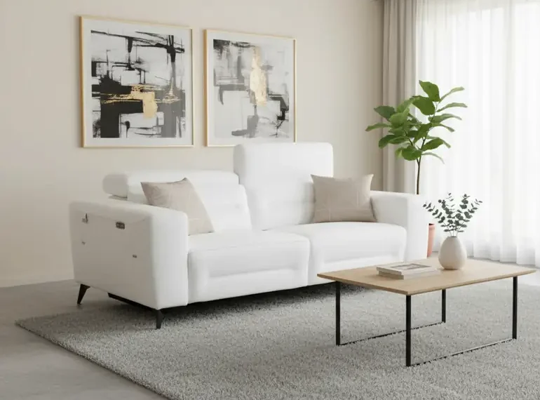 Divanitaly Raveli Modern White Italian Leather Reclining Sofa Set