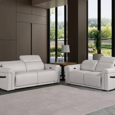 Tustin light grey leather sofa and loveseat living room set