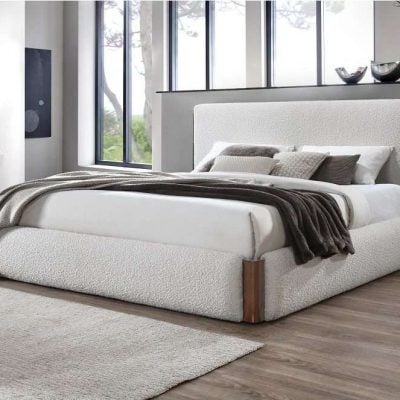 White Boucle & Walnut Bed Frame