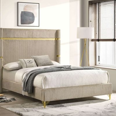 Lucia Beige Upholstered Bed With Gold Accents