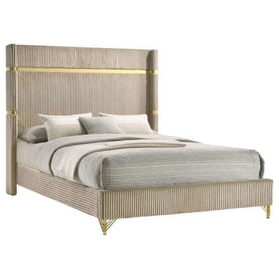 Lucia Beige Upholstered Bed With Gold Accents