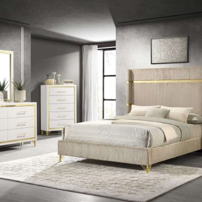 Lucia Beige Upholstered Bed With Gold Accents