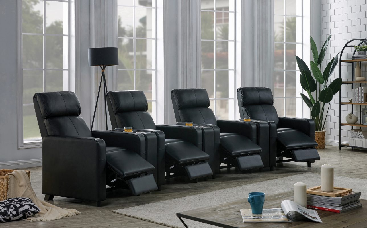 Home theater black leather sofa