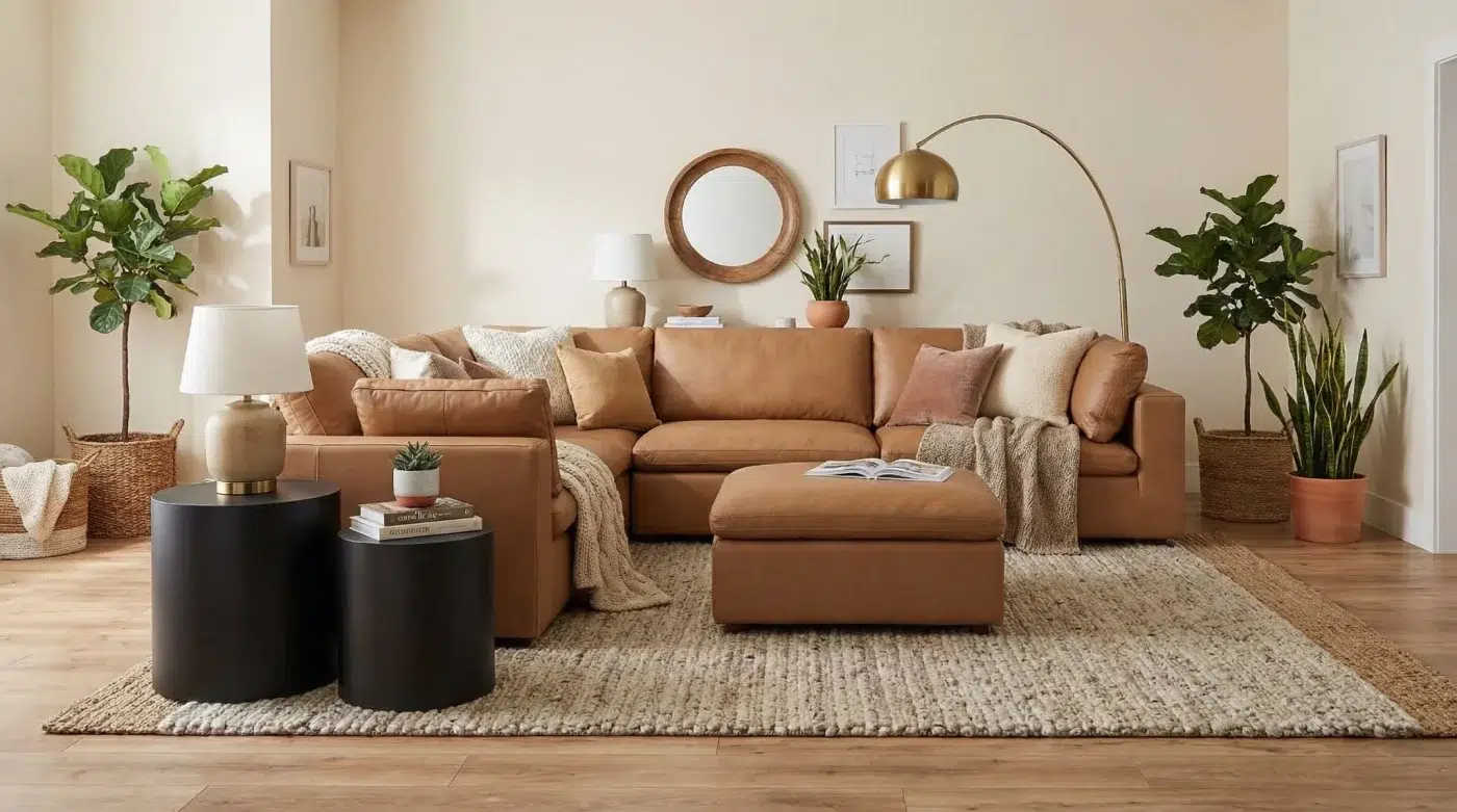Cognac leather modular sectional sofa