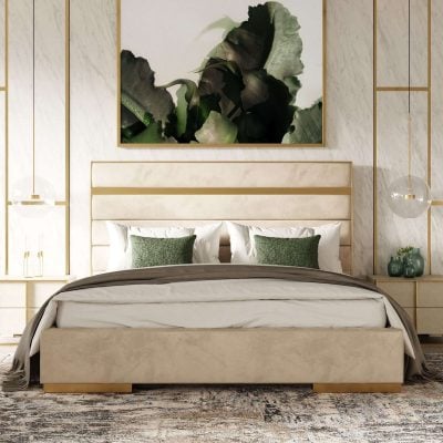 Modrest Cartier - Modern Beige Velvet and Brushed Brass Bed