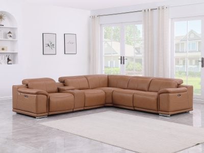 Divantalia Livorno Modern Recliner Cognac Brown Italian Leather Sectional Sofa 6 Pc cupholders