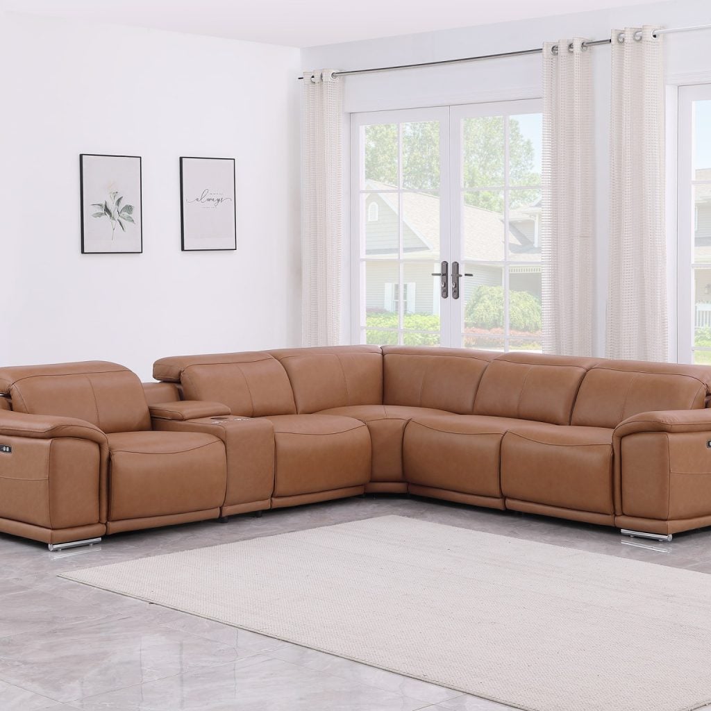 Divantalia Livorno Modern Recliner Cognac Brown Italian Leather Sectional Sofa 6 Pc cupholders