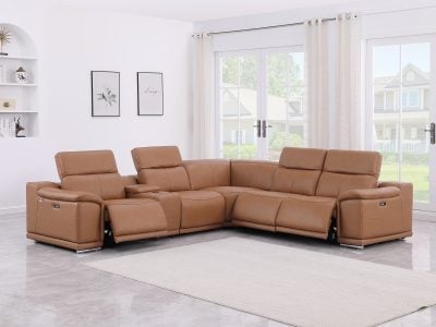 Divantalia Livorno Modern Recliner Cognac Brown Italian Leather Sectional Sofa 6 Pc cupholders