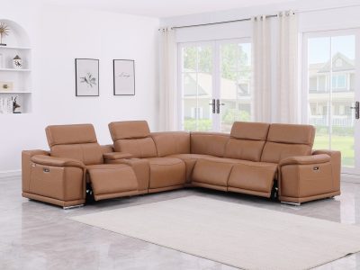 Divantalia Livorno Modern Recliner Cognac Brown Italian Leather Sectional Sofa 6 Pc cupholders