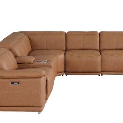 Divantalia Livorno Modern Recliner Cognac Brown Italian Leather Sectional Sofa 6 Pc cupholders