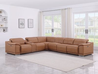 Divantalia Livorno Modern Recliner Cognac Brown Italian Leather Sectional Sofa 7 Pc cupholders