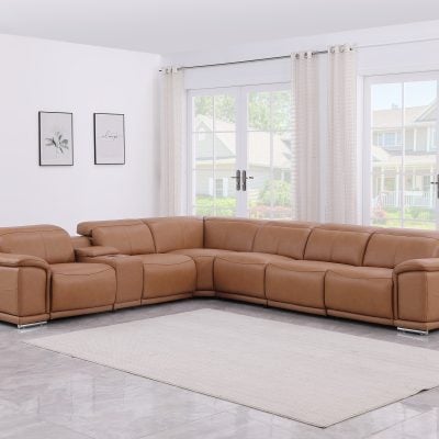 Divantalia Livorno Modern Recliner Cognac Brown Italian Leather Sectional Sofa 7 Pc cupholders