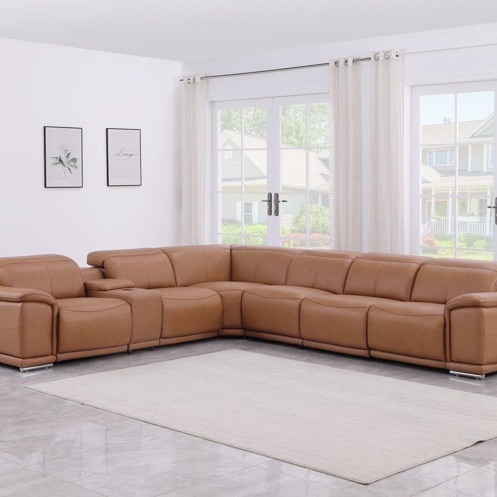 Divantalia Livorno Modern Recliner Cognac Brown Italian Leather Sectional Sofa 7 Pc cupholders