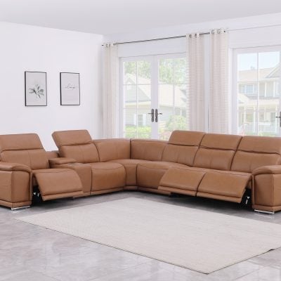 Divantalia Livorno Modern Recliner Cognac Brown Italian Leather Sectional Sofa 7 Pc cupholders