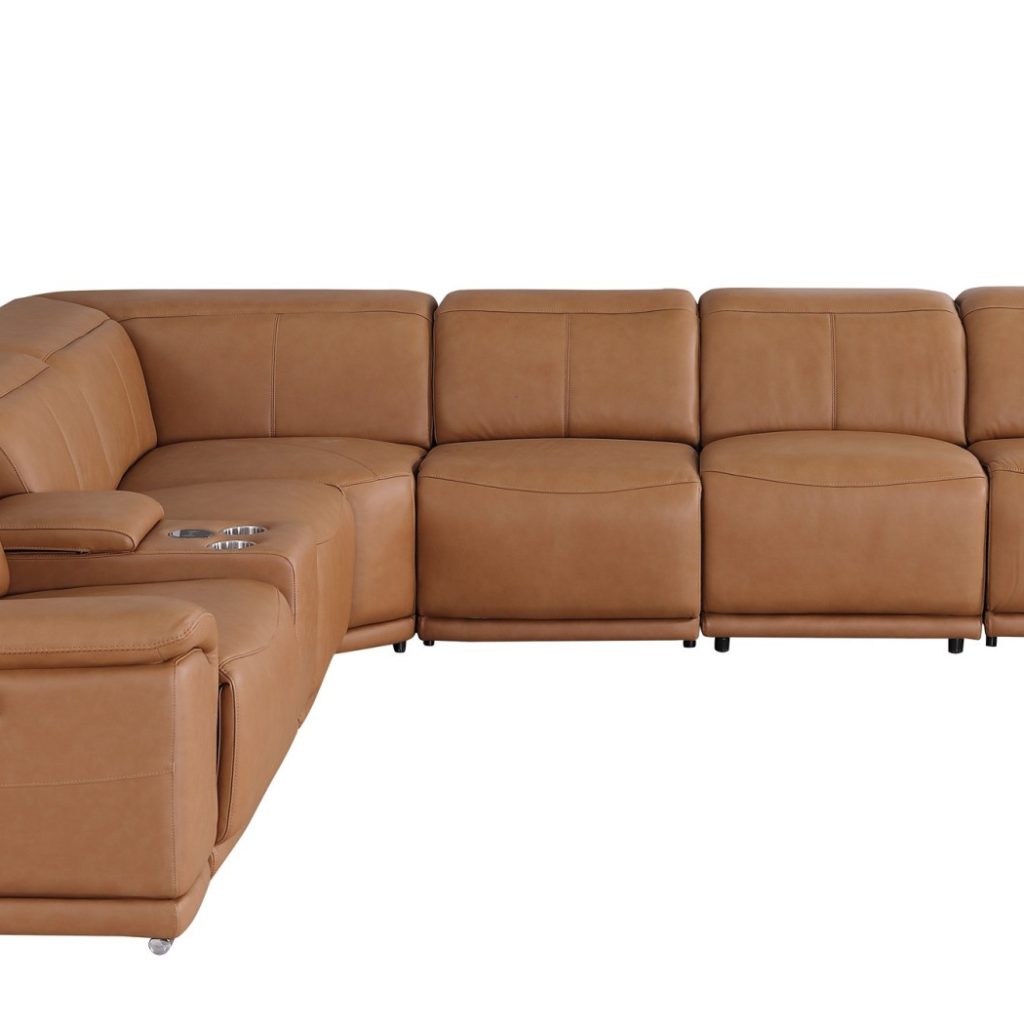 Divantalia Livorno Modern Recliner Cognac Brown Italian Leather Sectional Sofa 7 Pc cupholders