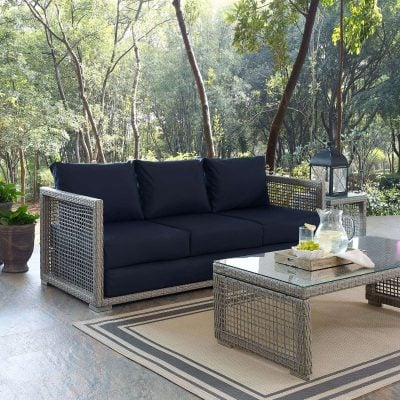 Aura Outdoor Patio Wicker Blue Rattan Sofa