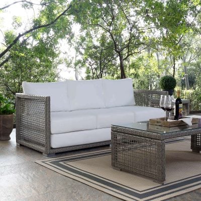 Aura Outdoor Patio Wicker White Rattan Sofa