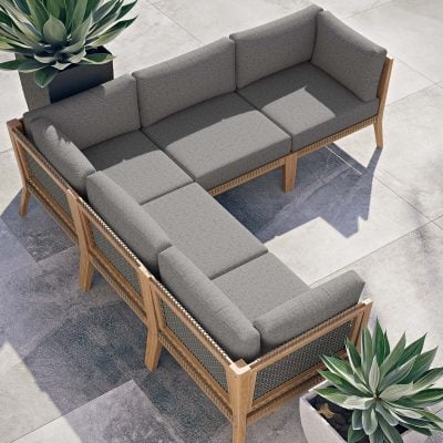 Clearwater Outdoor Teak Wood Gray Sectional Sofa