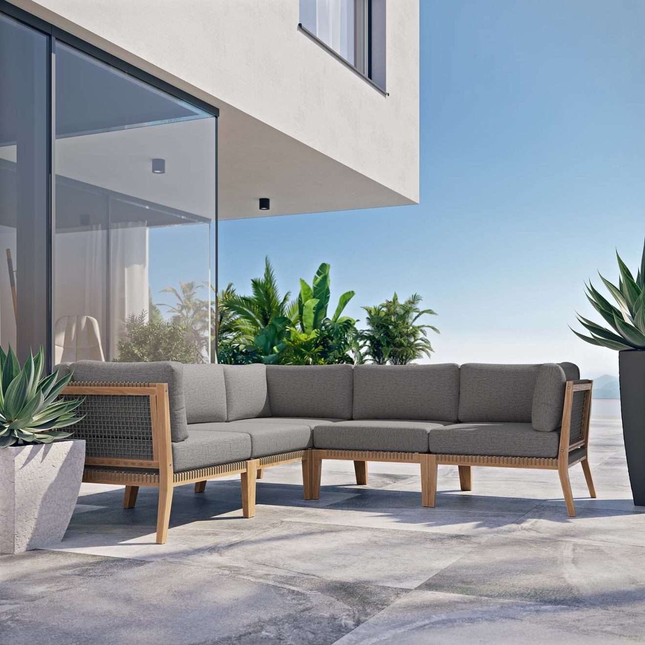 Clearwater Outdoor Teak Wood Gray Sectional Sofa