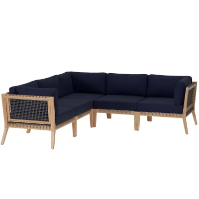 Clearwater Outdoor Teak Wood Blue Sectional Sofa