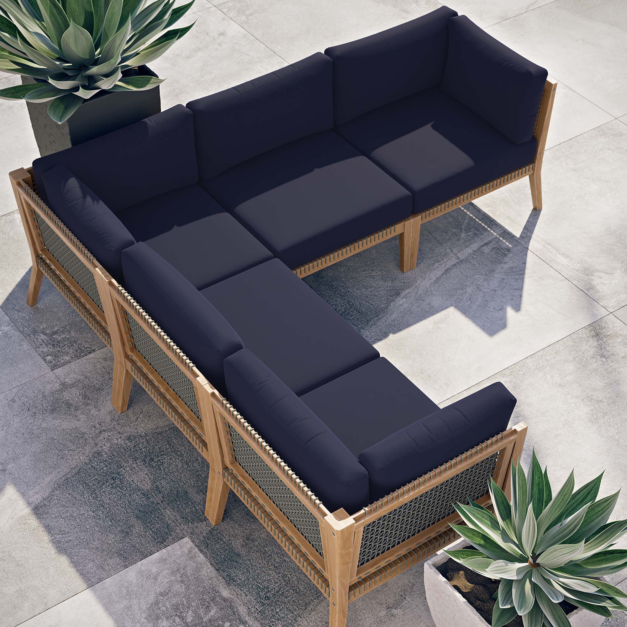 Clearwater Outdoor Teak Wood Blue Sectional Sofa