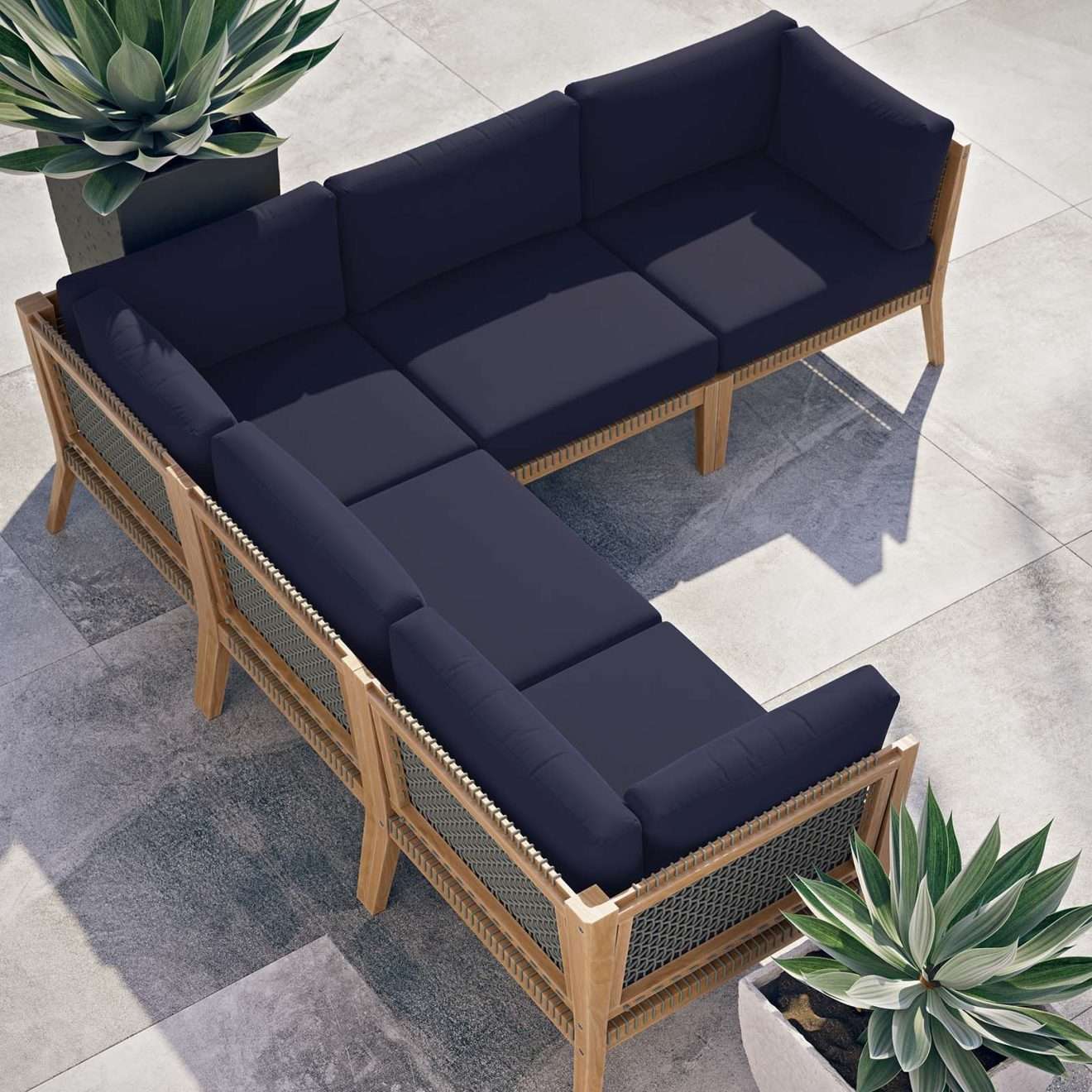Clearwater Outdoor Teak Wood Blue Sectional Sofa