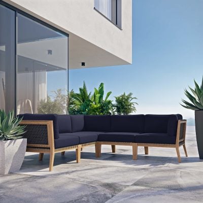 Clearwater Outdoor Teak Wood Blue Sectional Sofa