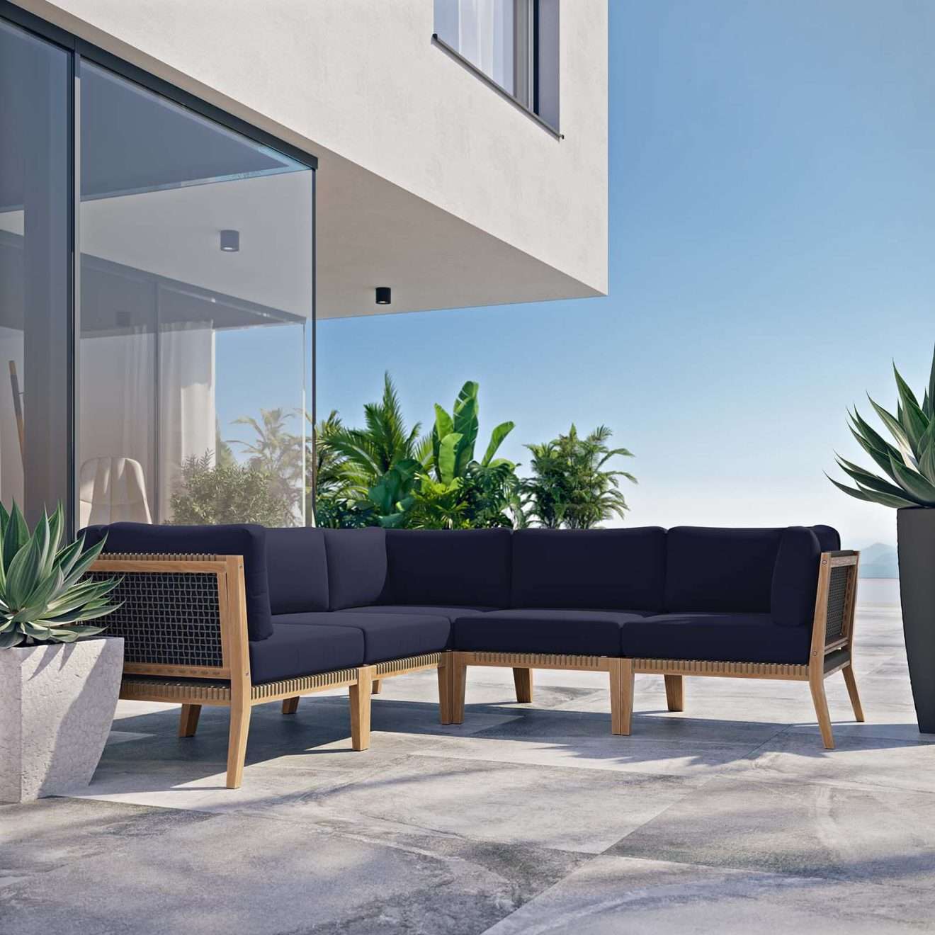 Clearwater Outdoor Teak Wood Blue Sectional Sofa
