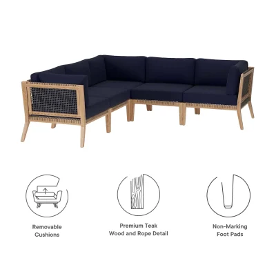 Clearwater Outdoor Teak Wood Blue Sectional Sofa