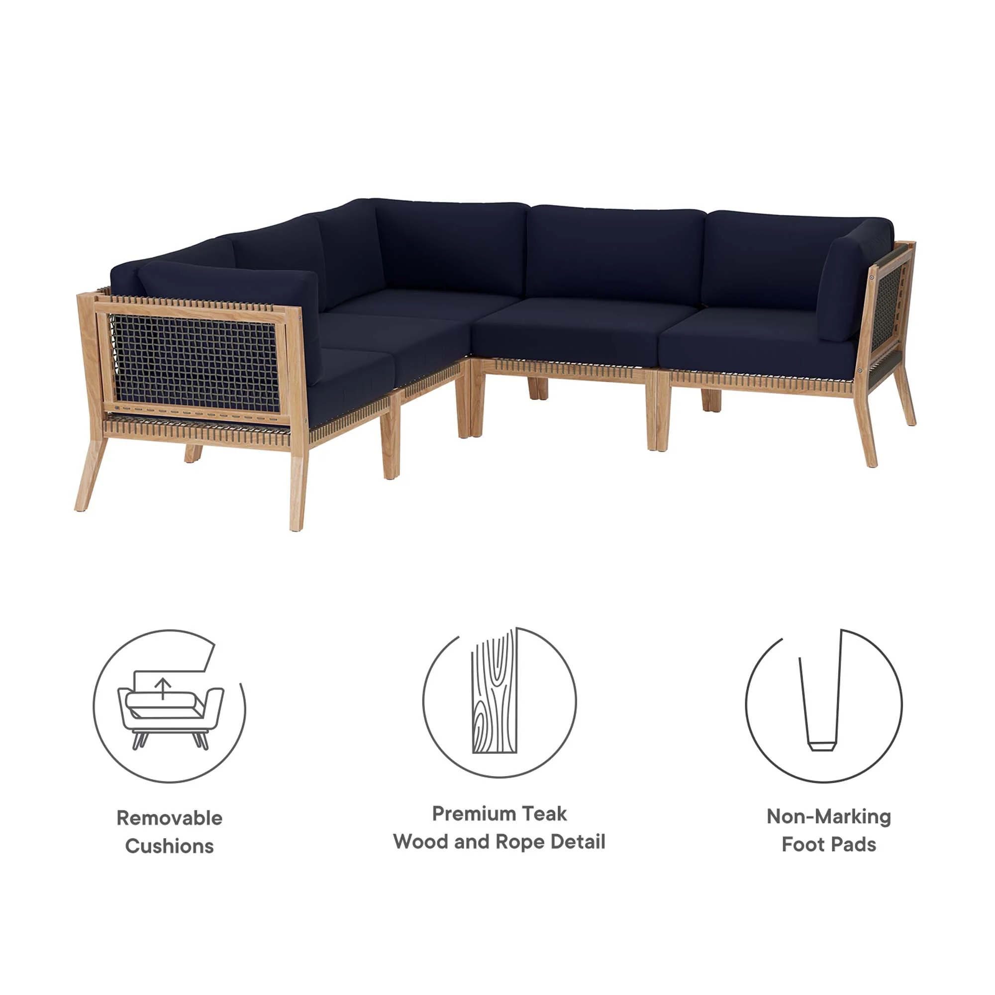 Clearwater Outdoor Teak Wood Blue Sectional Sofa