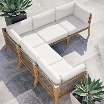 Clearwater Outdoor Teak Wood White Sectional Sofa