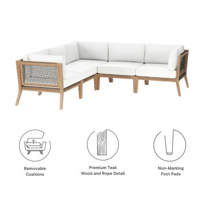 Clearwater Outdoor Teak Wood White Sectional Sofa